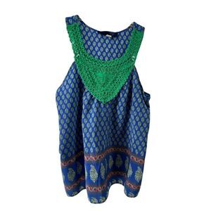 Bohemian Blue Silky Sleeveless Top Womens Size Small Green Neckline Detail Tank
